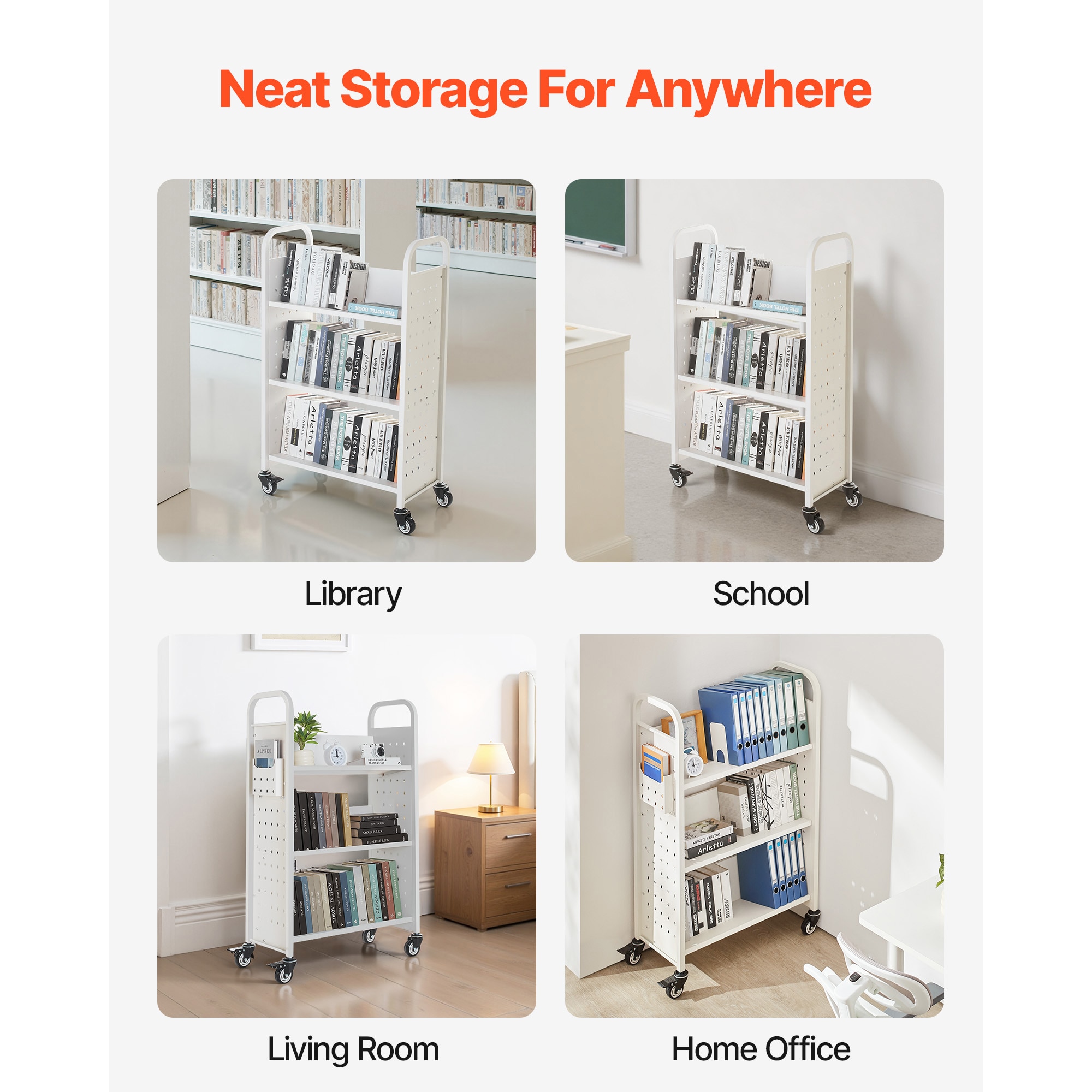3-tier Rolling Book Cart With V-shaped Shelves In White_voghion.com